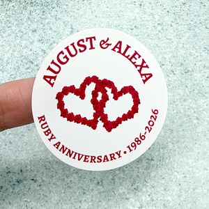 パーソナライズされたルビー婚式ステッカー、結婚40周年記念、ハートデザイン