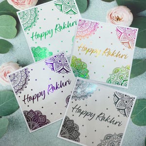 Juego de 4 tarjetas Raksha Bandhan, mini tarjetas Rakhri, juego de tarjetas Rakhri, tarjetas Rakhri laminadas de colores, tarjetas de 10 cm
