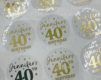 Adesivos personalizados com detalhes metalizados para aniversário de 40 anos, lembrancinhas de festa, adesivos de aniversário personalizados.