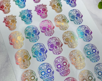 Day of the Dead Stickers, Sugar Skull Stickers, Halloween Stickers, Foiled Sugar Skull Stickers