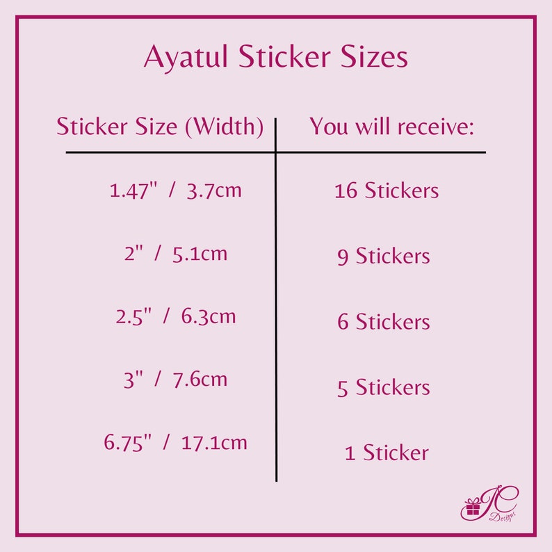 May include: A pink chart titled "Ayatul Sticker Sizes" lists sticker sizes in inches and centimeters. The chart shows the width of the stickers and the quantity received. Sizes range from 1.47" (3.7cm) to 6.75" (17.1cm).