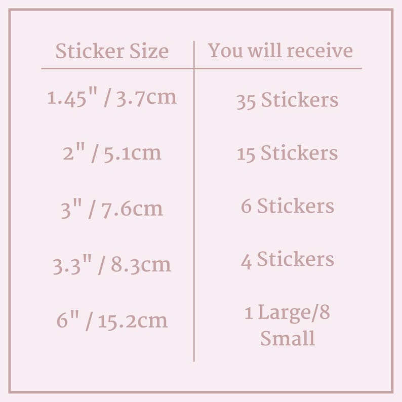 May include: Chart showing the number of stickers you receive based on the sticker size. The sticker sizes are listed in inches and centimeters. The smallest size is 1.45 inches or 3.7 centimeters and you receive 35 stickers. The largest size is 6 inches or 15.2 centimeters and you receive 1 large sticker and 8 small stickers.