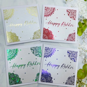 Jeu de 4 cartes Raksha Bandhan, mini cartes Rakhri, jeu de cartes Rakhri, cartes Rakhri avec film coloré, cartes 10 cm