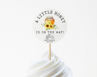 Little Honey Bee Baby Shower Cupcake Topper | Editable Sunflower Cupcake Decor | Instant Download