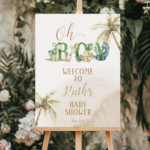 Editable Oh Boy Dinosaur Baby Shower Welcome Sign | Boho Dino Baby Shower Party Sign | Greenery Dino Baby Shower | Instant Editable Download