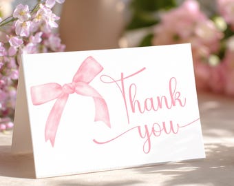 Tying the Knot Bridal Shower Thank You Card, Folded Thank You Note Pack or Digital, Pink Coquette Bow Gift Thank You Note
