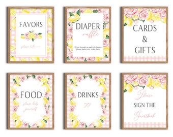 May include: A set of six 8x10 inch printable signs for a lemon themed party. The signs have a pink and white gingham background with lemons and pink flowers. The signs say "Favors", "Diaper Raffle", "Cards & Gifts", "Food", "Drinks", and "Please Sign the Guestbook".