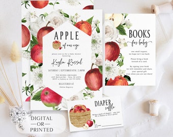 Apple of Our Eye Baby Shower Invitation | Fall Baby Shower Invite | Garden Floral Baby Brunch Invite | Diaper Raffle | Instant Template