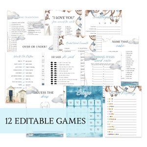 Editable Coastal Beach Bridal Shower Game Bundle | Game Set | Self Edit Template | Bingo, He/She Said, Would She Rather, Over or Under Games
