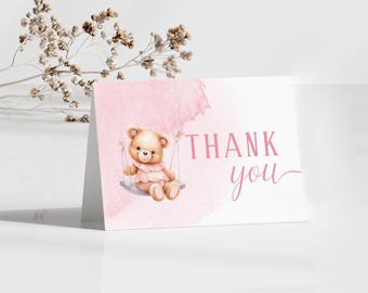 Editable It's A Girl Teddy Bear Baby Shower Thank You Card, Boho Floral Folded Thank You Note Pack or Digital, Bear Gift Thank You Note