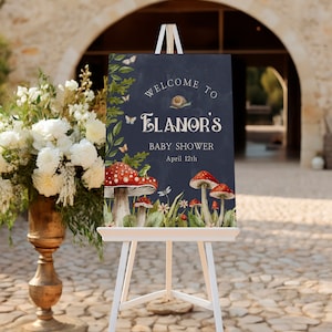 Signo de bienvenida del baby shower de setas del bosque / Signo de fiesta de baby shower encantado mágico / Decoración de ducha neutral de género / Descarga de edición instantánea