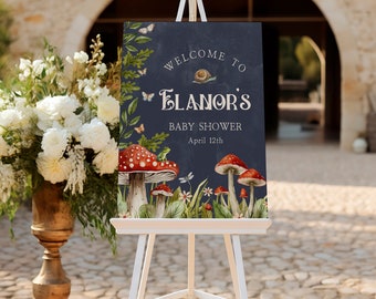 Bospaddestoel babyshower welkom teken | Magisch betoverd baby shower feestbord | Geslachtsneutraal douchedecor | Direct bewerken downloaden
