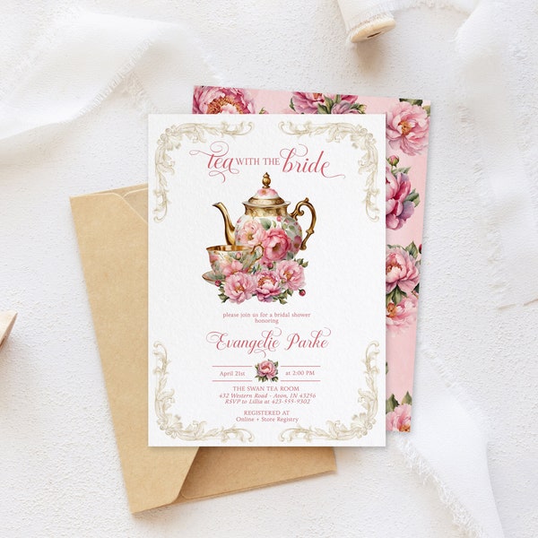 English Tea Party Bridal Shower Invitation | Victorian Pink and gold Tea Bridal Invite | Regency Shower Invite | Editable Wedding Template