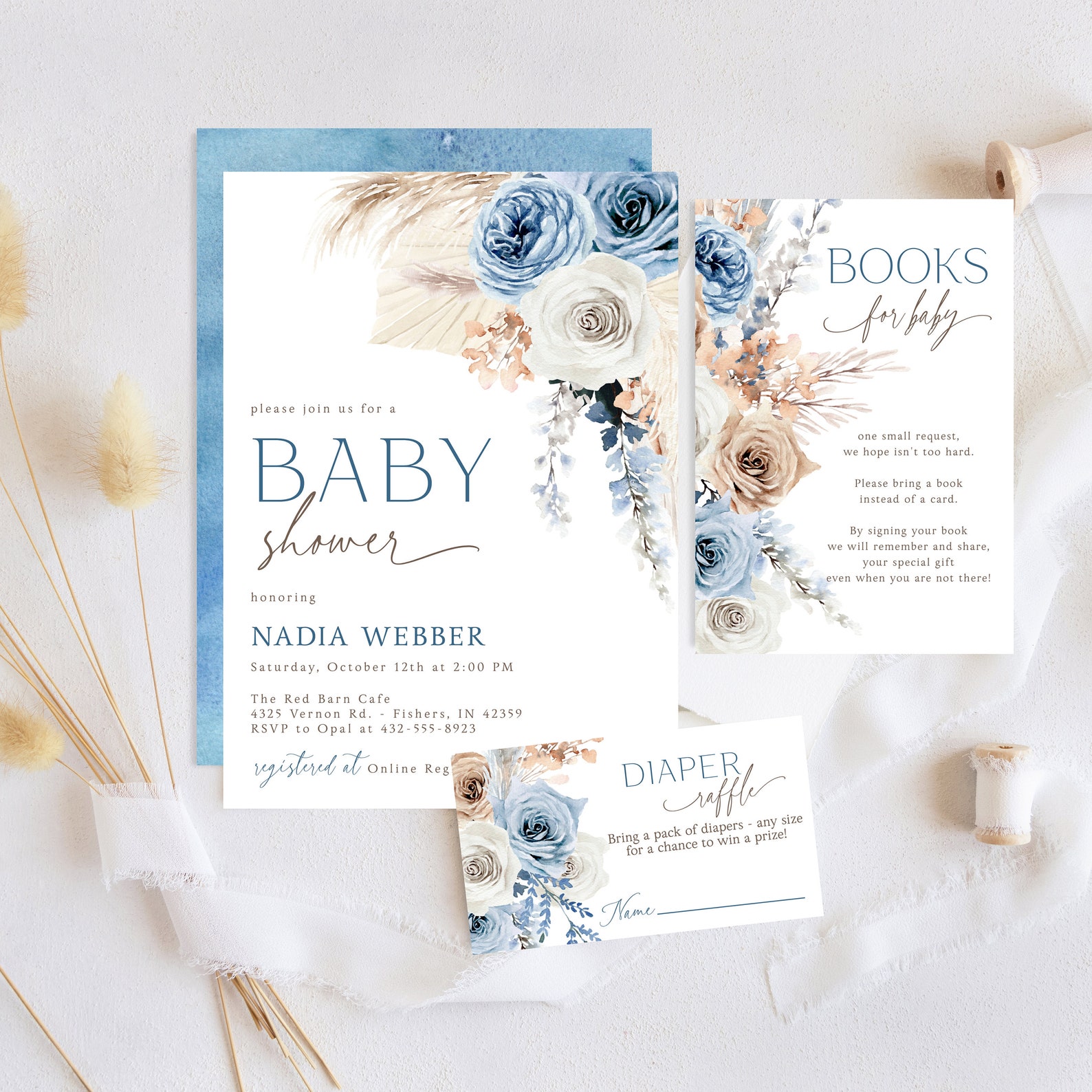 Editable Blue Pampas Grass Boy Boho Baby Shower Invitation Boy Boho ...