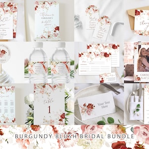 Burgundy and Light Pink Floral Bridal Shower Bundle | Merlot Bridal Brunch Invitation | Garden Flower Shower | Instant Download Template