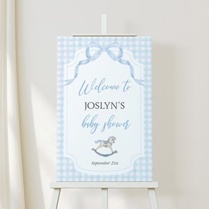 Baby Blue Boy Baby Shower Welcome Sign | Gingham Baby Shower Party Sign | Classic Southern Baby Shower | Instant Editable Download