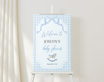 Baby blauwe jongen baby shower welkom teken | Gingham baby shower partij teken | Klassieke zuidelijke babyshower | Direct bewerkbare download