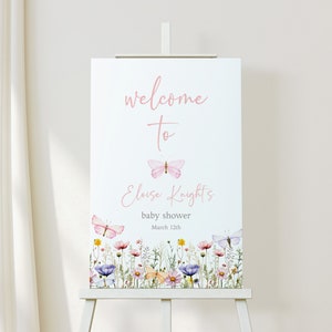 Butterfly Baby Shower Welcome Sign | Pastel Wildflower Baby Shower Easel Size Sign | Boho Butterfly Baby Shower | Instant Editable Download