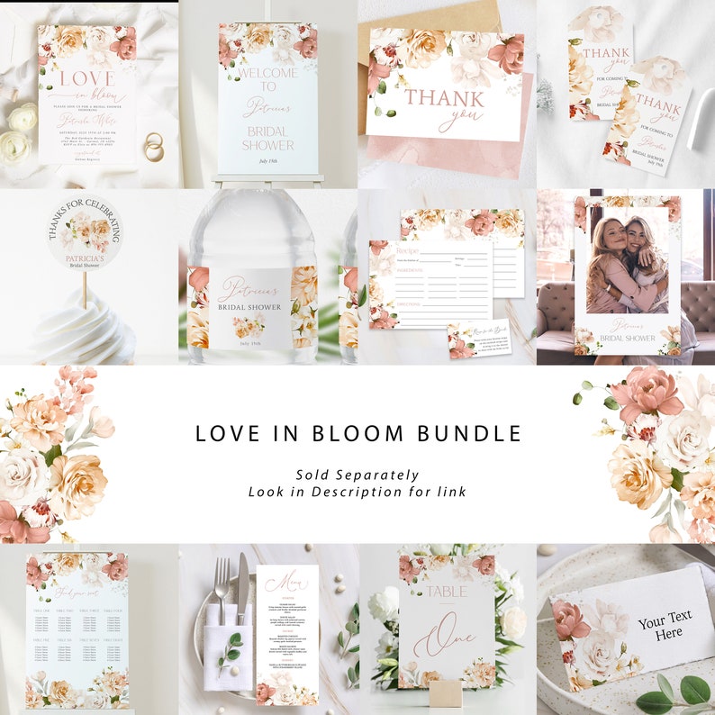 May include: A collection of wedding stationery with floral designs in peach, cream, and green. Items include invitations, thank you cards, table cards, and a welcome sign. The text "Love in Bloom Bundle" is displayed.