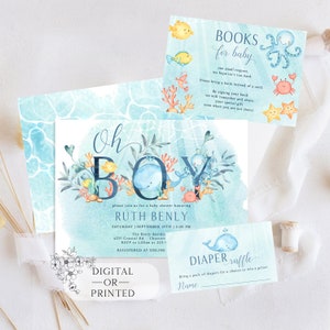 Editable Under the Sea Baby Shower Invitation Set | Cute Ocean Baby Shower Invite | Instant Do It Yourself Invitation Bundle
