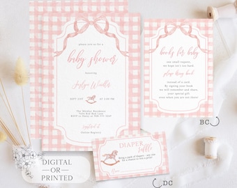 Girl Pastel Pink Baby Shower Invite | Gingham Baby Shower Invitation Bundle | Classic Southern Baby Shower | Instant Editable Download