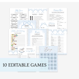 May include: A collection of ten editable baby shower games with a blue and white gingham pattern. Games include trivia, word scrambles, and bingo, with decorative bow accents. The text "10 EDITABLE GAMES" is at the bottom.