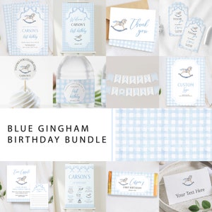 Lot d'anniversaire modifiable bleu layette Vichy | Faire-part d'anniversaire traditionnel pour enfants | Téléchargement et modification instantanés | Anniversaire cheval à bascule