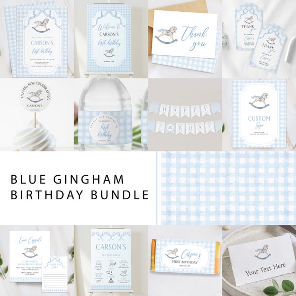 Editable Baby Blue Gingham Birthday Bundle | Traditional Kids Birthday Invite | Instant Download and Edit | Rocking Horse Birthday