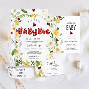 Ladybug Baby Shower Invitation | A Little Lady Baby Shower Invite Bundle | Garden Floral Baby Shower | Instant Editable Download