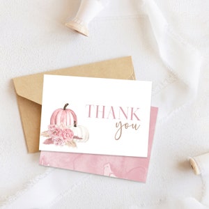 Carte de remerciement de douche de bébé de citrouille rose de Boho, remerciement de douche de bébé d’herbe de Pampas, carte de remerciement de douche de bébé de fleurs roses, brunch de bébé