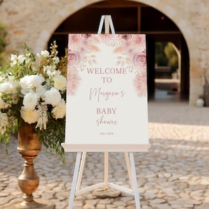 Panneau de bienvenue bohème pour baby shower | Chevalet Oh Baby Shower | Décoration florale pour baby shower rose pâle | Douche de fille modifiable