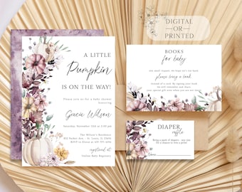 May include: A baby shower invitation with a watercolor design featuring pumpkins, flowers, and leaves in shades of purple, pink, and yellow. The text reads "A Little Pumpkin Is On The Way!" and includes the name "Gracie Wilson".