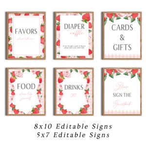 Editable Pink Strawberry Girl Baby Shower Sign Set | Strawberry Baby Shower Signs Printable Template Instant Download