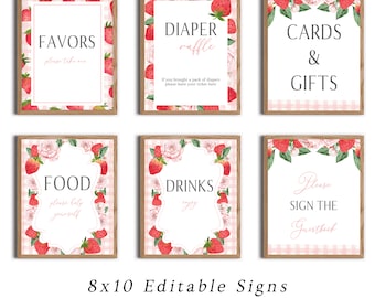 Bewerkbare roze aardbei meisje baby shower tekenset | Aardbei baby shower tekenen afdrukbare sjabloon direct downloaden