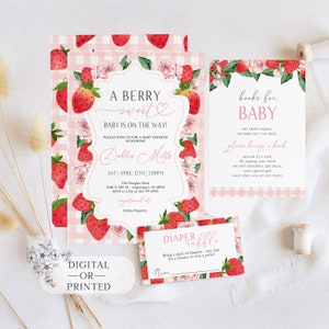 Strawberry Baby Shower Invitation | Pink Floral Berry Invite | Instant Edit/Download Printable | Digital Self Edit Template