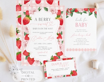 May include: A pink and white gingham background with a strawberry and floral design. The text "A Berry Sweet Baby is on the Way!" is on the invitation. The invitation is for a baby shower honoring "Della Mills".