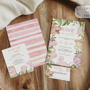 May include: A set of printable baby shower invitations with a pink and green dinosaur theme. The invitations feature a watercolor background with pink stripes and a cute dinosaur illustration. The text on the invitations reads "RAWR! It's a girl!" and includes details about the baby shower, such as the date, time, and location. The invitations also include a "Books for Baby" card and a "Diaper Raffle" card.