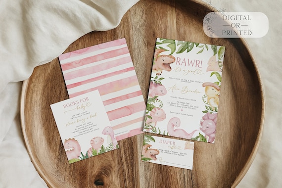 It's a Girl Dinosaur Baby Shower Invitation | Pink Girl Dino Invitation Bundle | Self Edit Digital Template or Print Invitations