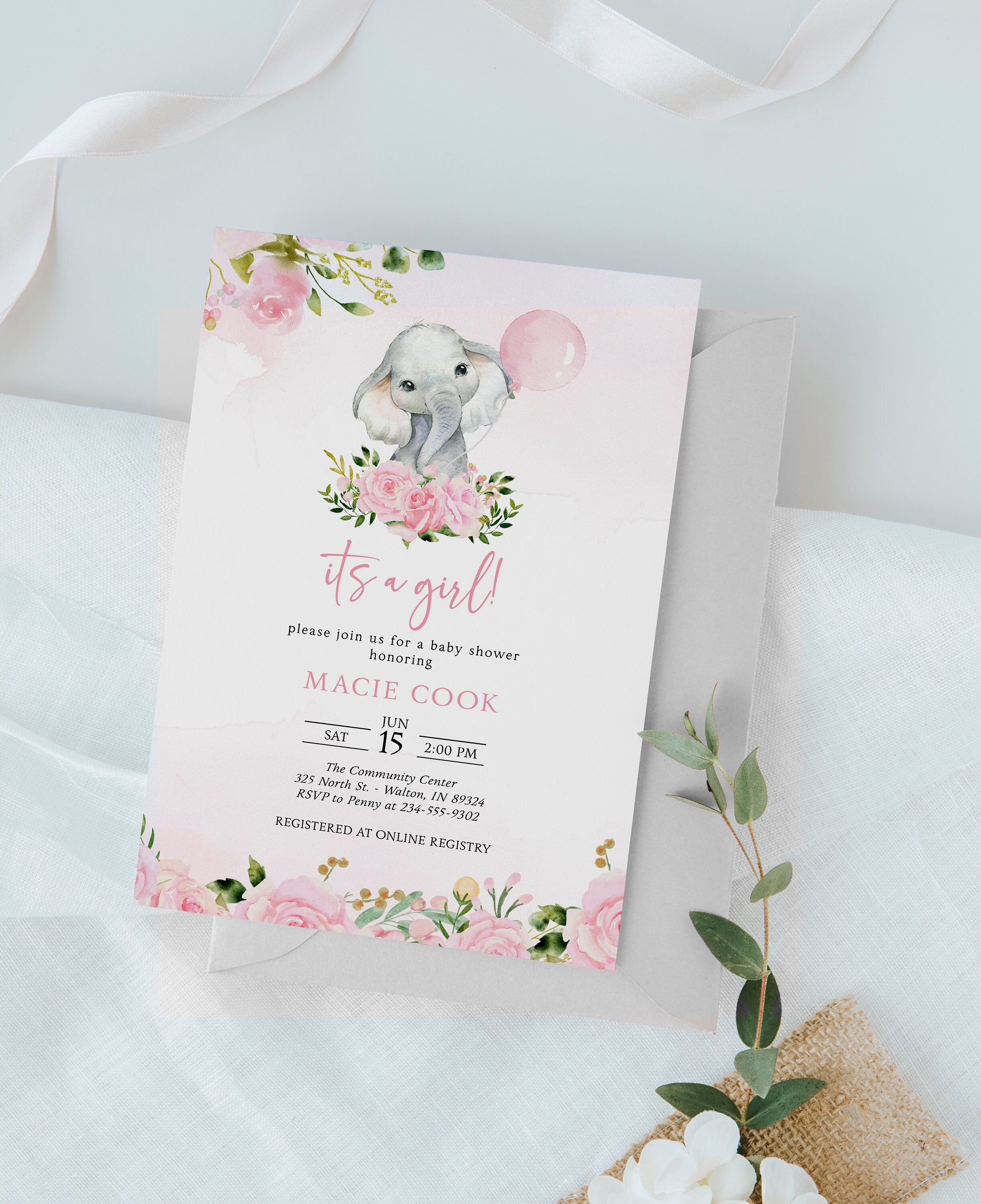 It's a Girl Pink Elephant Baby Shower Invitation Bundle | Printed or ...