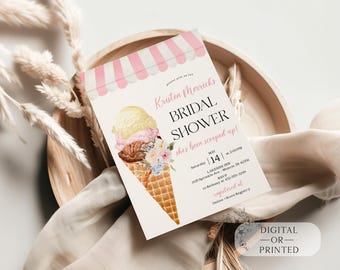 Ice Cream Bridal Shower Invitation, She's Been Scooped Up Bridal Shower Invite, Editable Pink Floral Ice Cream Invite Printed or Digital