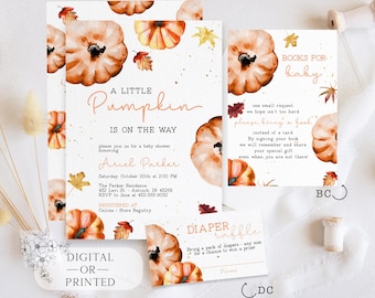 May include: A baby shower invitation with a watercolor pumpkin theme. The invitation features a pumpkin with the text "A Little Pumpkin Is On The Way" and the name "Ariel Parker". The invitation also includes details about the shower, such as the date, time, and location. There are also two additional cards, one for a diaper raffle and one for a book request.