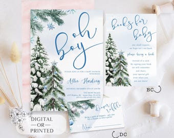 May include: A blue and white baby shower invitation with a winter forest theme. The invitation says "Oh Boy!" and includes the text "Please join us for a baby shower honoring Allie Harding".
