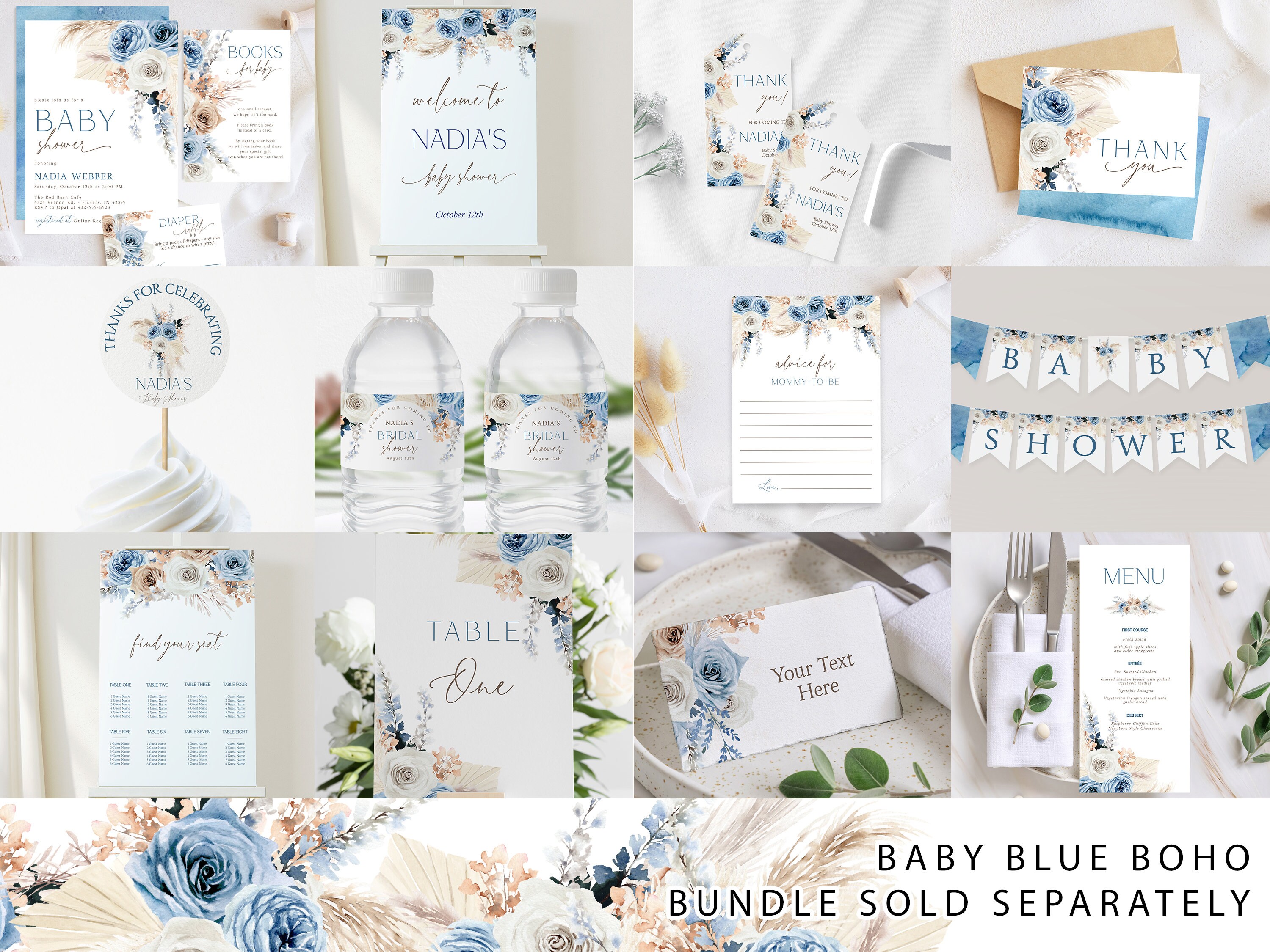 Editable Blue Pampas Grass Boy Boho Baby Shower Invitation | Boy Boho ...