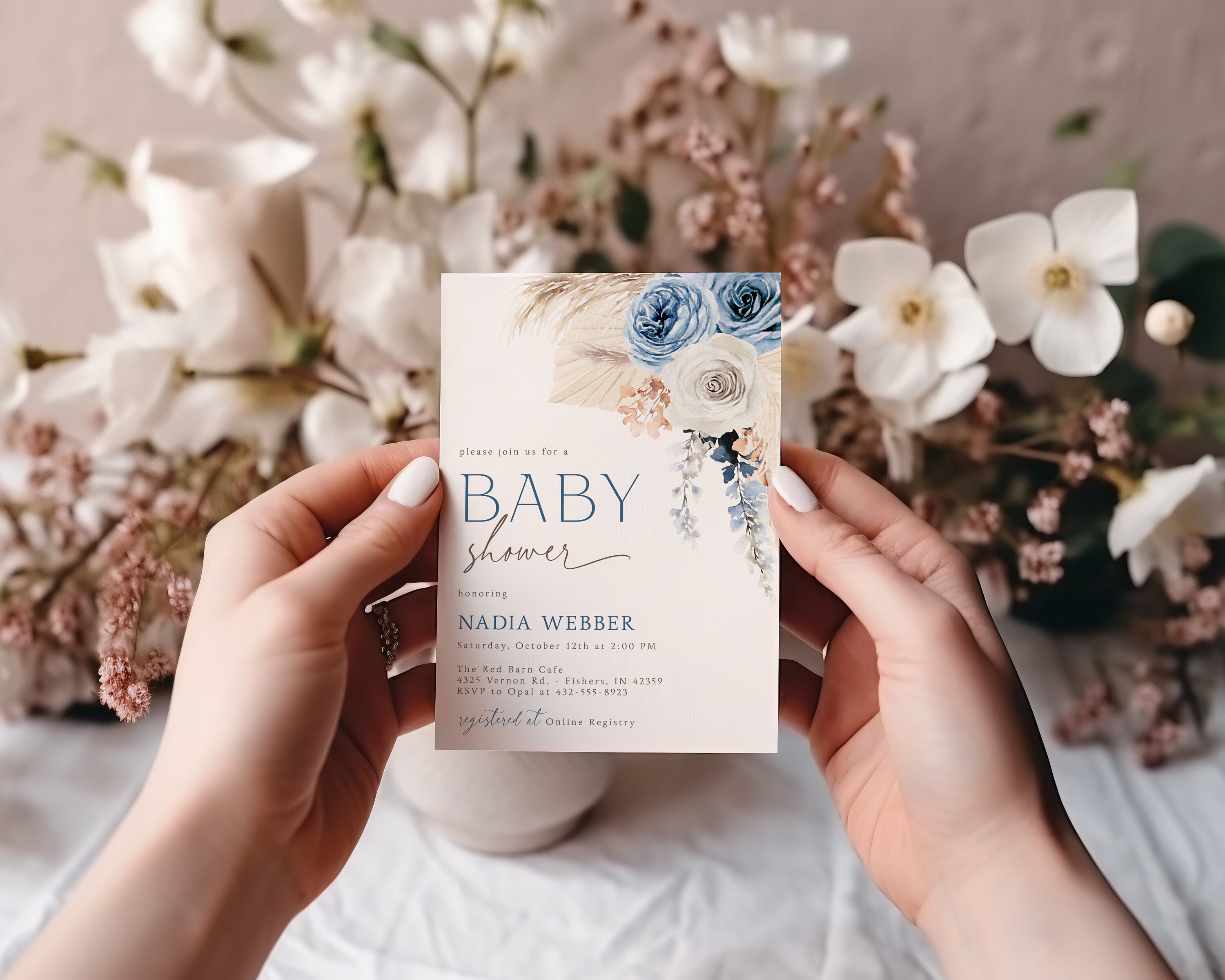 Editable Blue Pampas Grass Boy Boho Baby Shower Invitation | Boy Boho ...