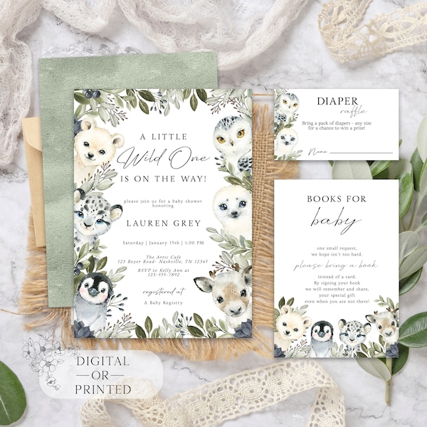 Winter Arctic Animal Baby Shower Invitation | Greenery Wild One Baby Shower Invite | Instant Download | Editable Invitation Bundle Template