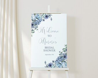 Something Blue Bridal Shower Printable Easel Sign | Blue Hydrangea Couples Welcome Sign | Dusty Blue Floral Wedding Sign | Editable Template