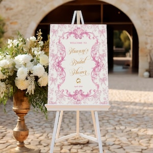 Letrero de bienvenida para despedida de soltera en Toile de Jouy rosa, letrero de brunch nupcial en chinoiserie rosa, póster de boda floral vintage editable, plantilla instantánea