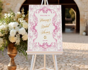 Pink Toile de Jouy Bridal Shower Welcome Sign, Pink Chinoiserie Bridal Brunch Sign, Editable Vintage Floral Wedding Poster, Instant Template