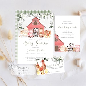 May include: A baby shower invitation with a red barn and farm animals. The invitation is decorated with green and white gingham and floral accents. The text on the invitation reads "Please join us for a Baby Shower honoring Catrina Martin. Saturday June 12th | 2:00 PM Red Barn Diner 435 Baylor Street Camden, IN 43559 RSVP to Kelli at 435-555-893 Registered at"