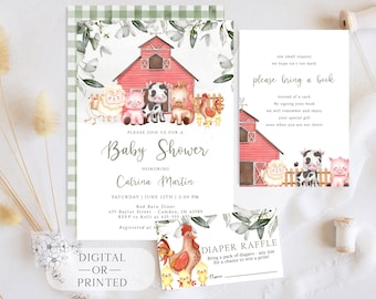 Farm Baby Shower Invitation, Barn Animals Baby Shower Invite, Green Gingham Boy Baby Shower, Red Barn Farm Animal, Editable Instant Template
